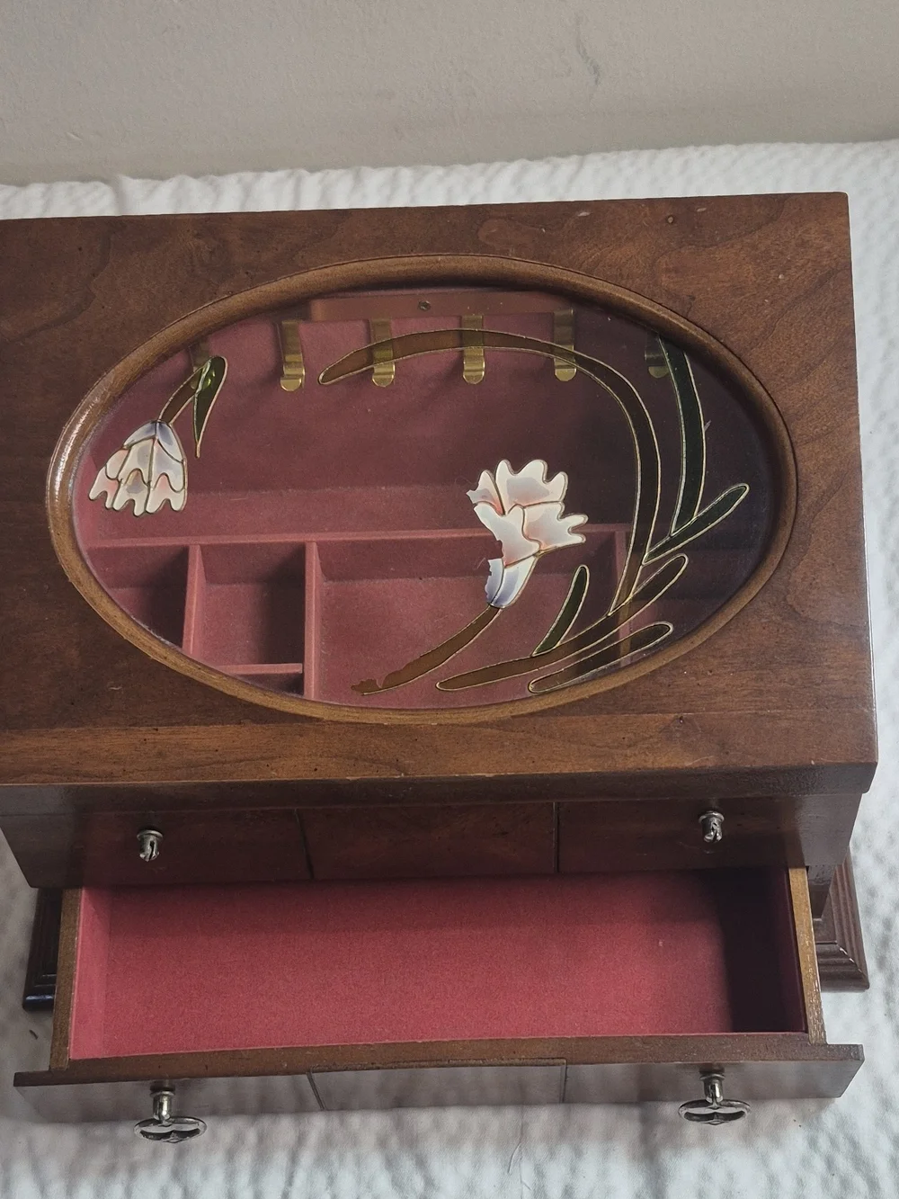 Vintage Wood Jewelry Box w/ Mirror, Floral Glass Lid, Drawers, Brown 11in 25+ pc